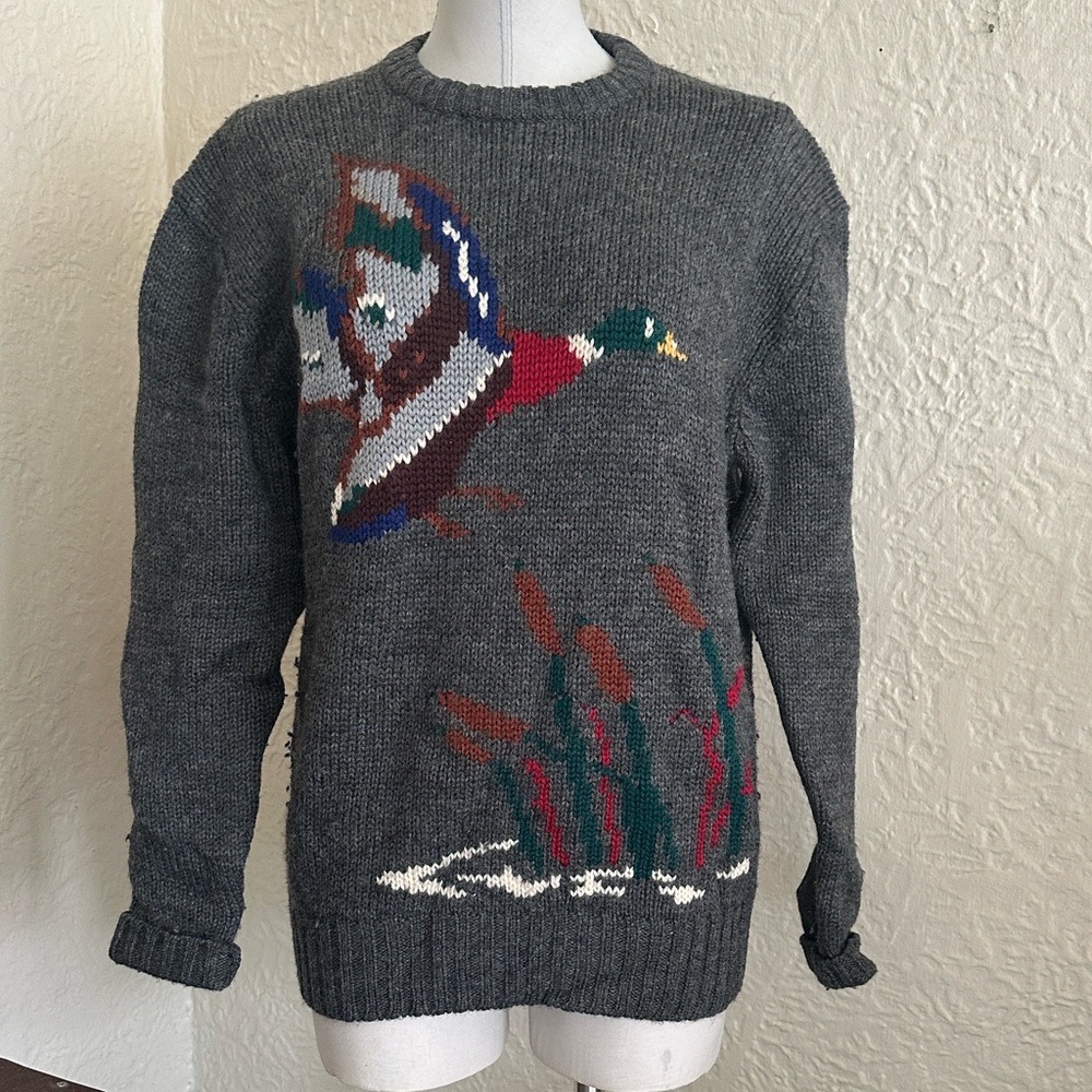 Vintage Mallards 100% Wool Duck Intarsia Dark Gray Sweater Medium